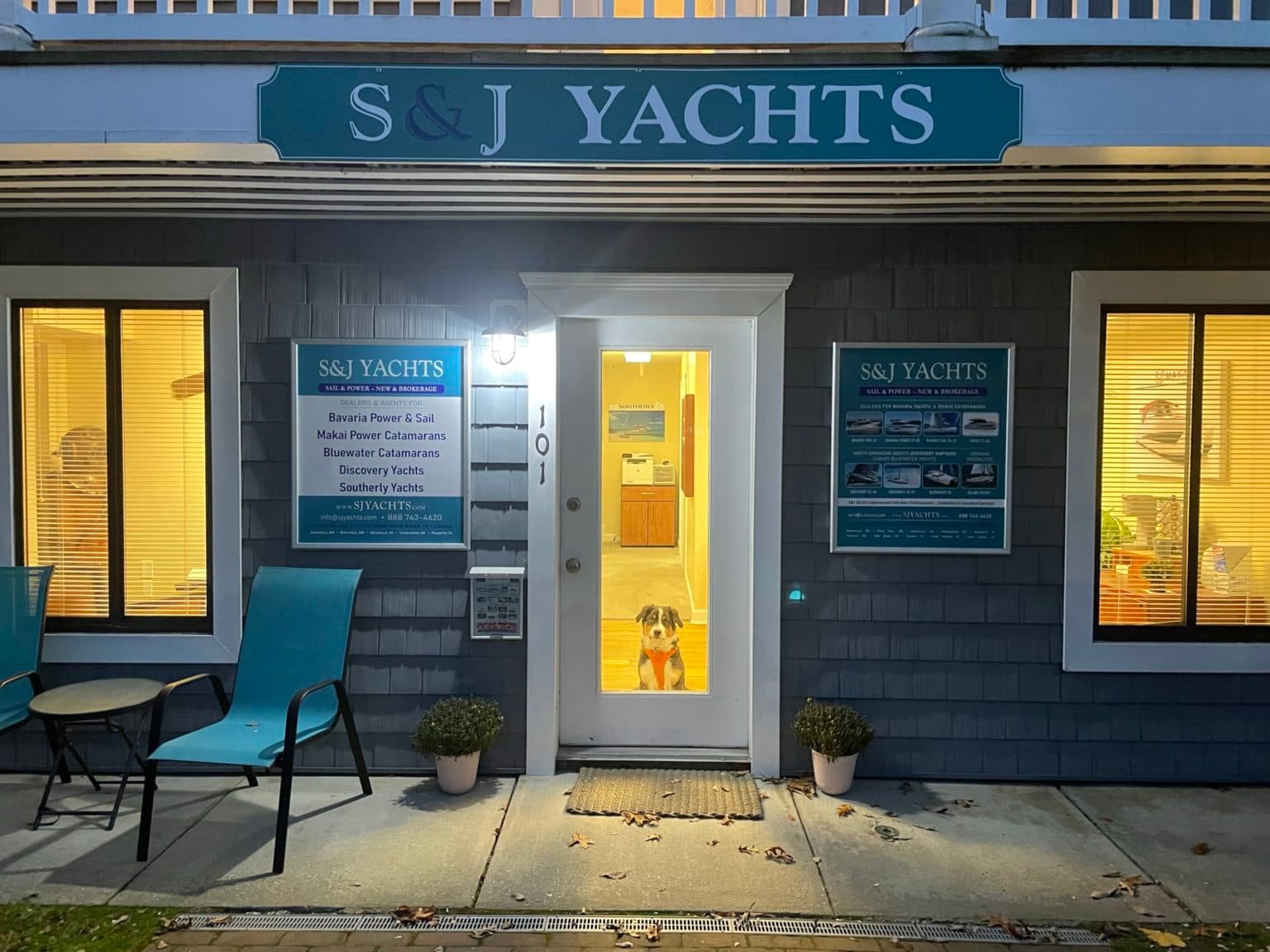S&J Yachts harbour office at dusk